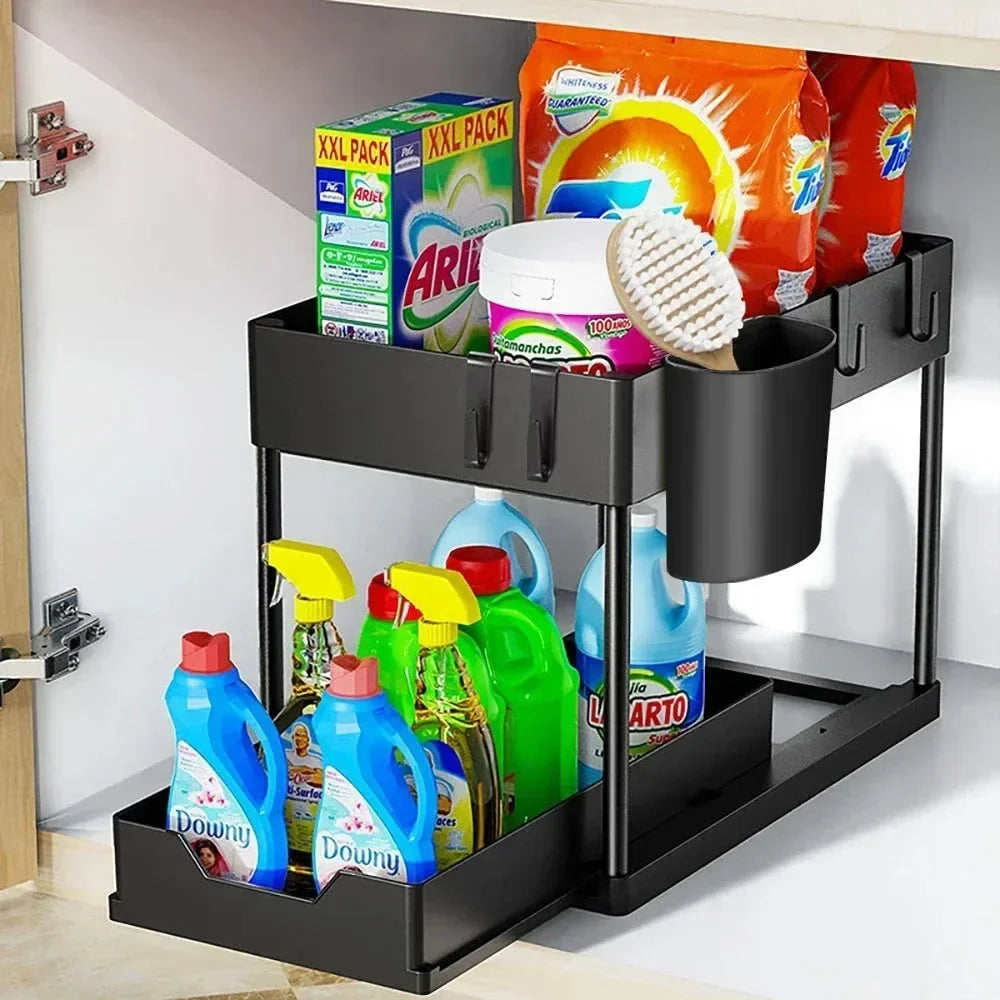 Organizador de Fregadero 2 Niveles con Cajones Deslizantes y Ganchos – Rack Ahorra Espacio para Cocina y Baño