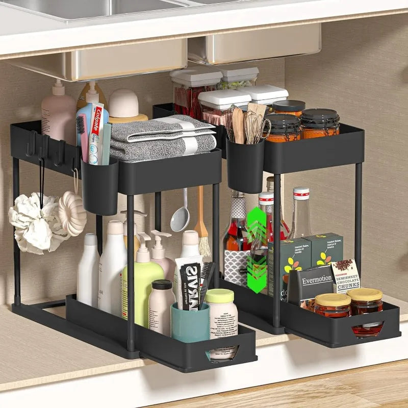 Organizador de Fregadero 2 Niveles con Cajones Deslizantes y Ganchos – Rack Ahorra Espacio para Cocina y Baño