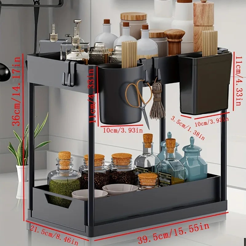 Organizador de Fregadero 2 Niveles con Cajones Deslizantes y Ganchos – Rack Ahorra Espacio para Cocina y Baño
