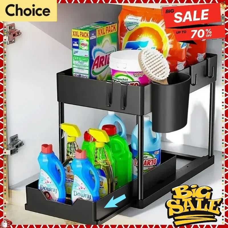 Organizador de Fregadero 2 Niveles con Cajones Deslizantes y Ganchos – Rack Ahorra Espacio para Cocina y Baño