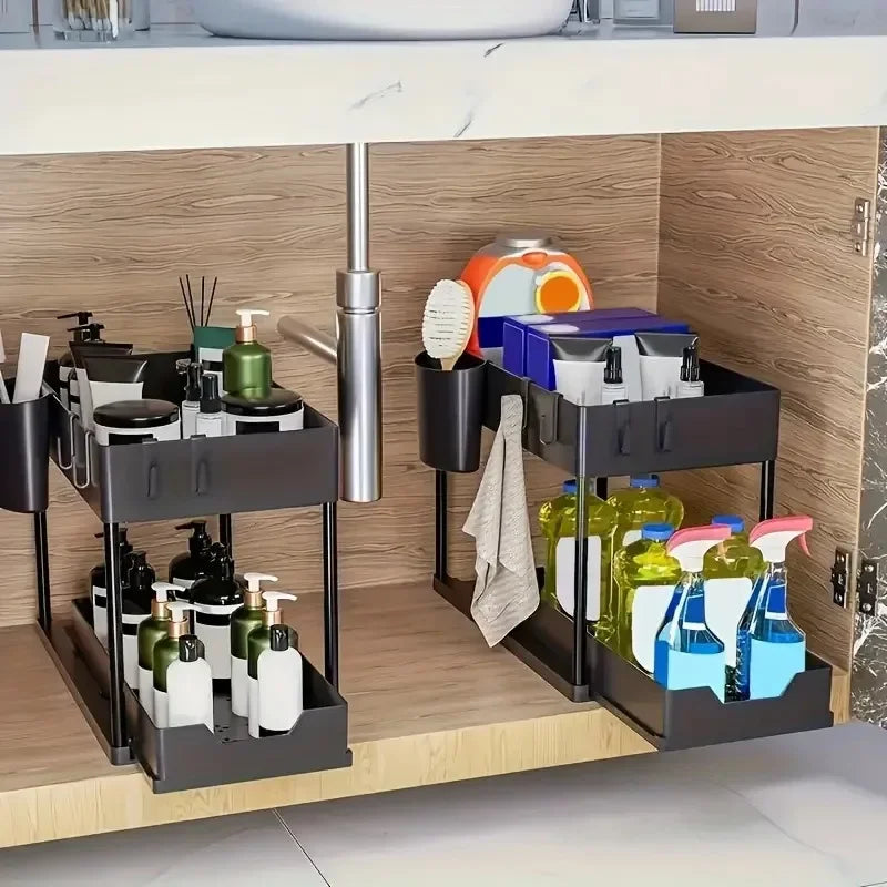 Organizador de Fregadero 2 Niveles con Cajones Deslizantes y Ganchos – Rack Ahorra Espacio para Cocina y Baño