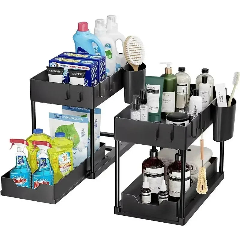 Organizador de Fregadero 2 Niveles con Cajones Deslizantes y Ganchos – Rack Ahorra Espacio para Cocina y Baño