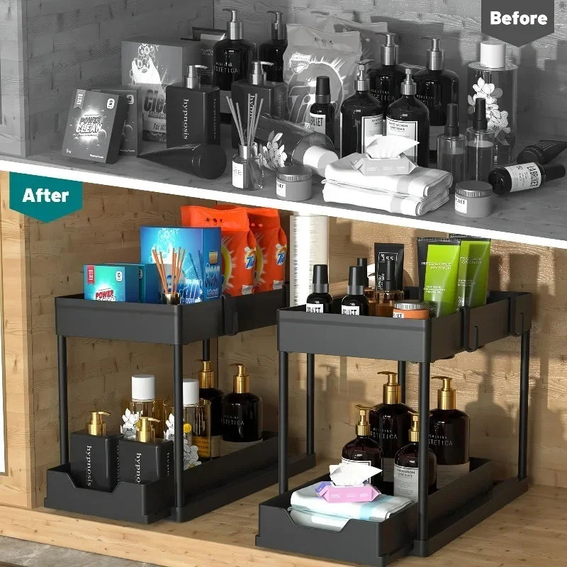 Organizador de Fregadero 2 Niveles con Cajones Deslizantes y Ganchos – Rack Ahorra Espacio para Cocina y Baño